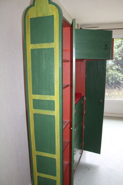 Armoire Vintage Bois Vert – 6 tiroirs + 4 portes + espace TV